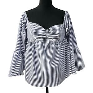 NWT Buffalo David Bitton Blouse Blue White Stripe Poplin Women's XL Bell Sleeve